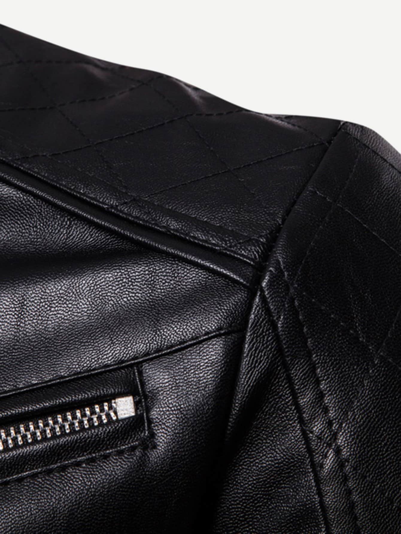 Black Stand Collar Zipper Detail Solid PU Biker Jacket