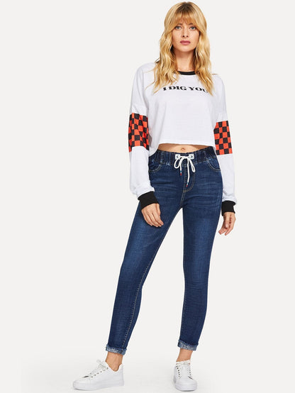 Drawstring Waist Raw Hem Skinny Crop Jeans