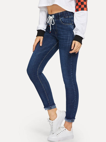 Drawstring Waist Raw Hem Skinny Crop Jeans