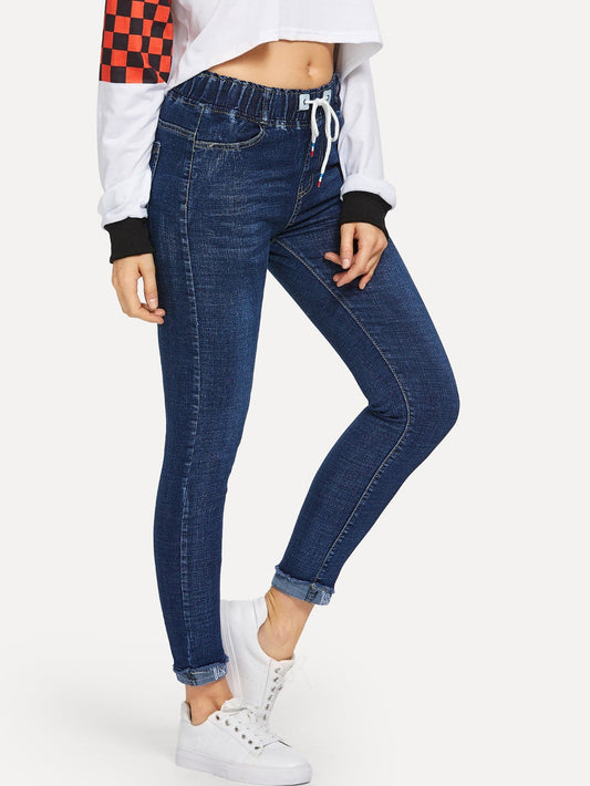 Drawstring Waist Raw Hem Skinny Crop Jeans