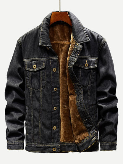 Black Single Breasted Fleece Lined Denim Jacket