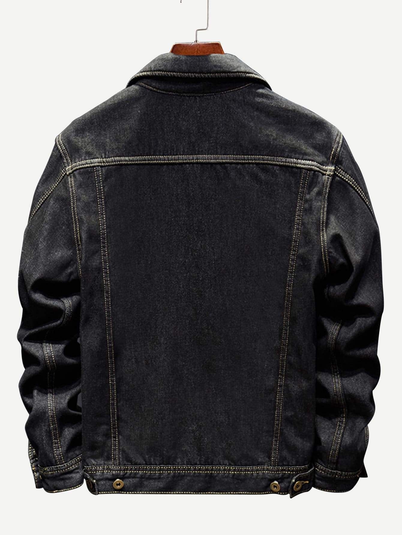 Black Single Breasted Fleece Lined Denim Jacket