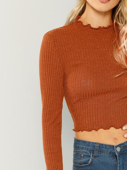 Round Neck Stretch Lettuce Trim Ribbed Crop Top