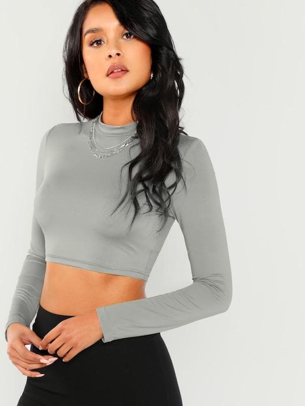 Stand Collar Long Sleeve Slim Fitted Solid Crop Top - Grey