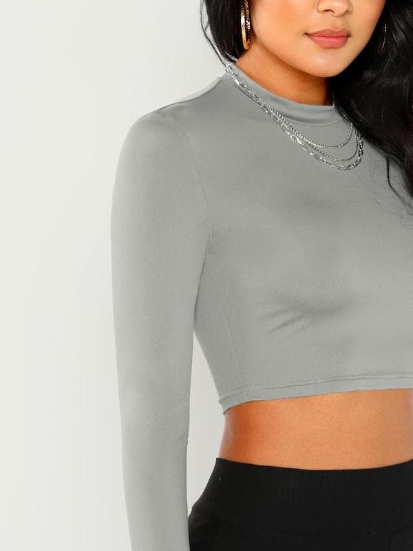 Stand Collar Long Sleeve Slim Fitted Solid Crop Top - Grey