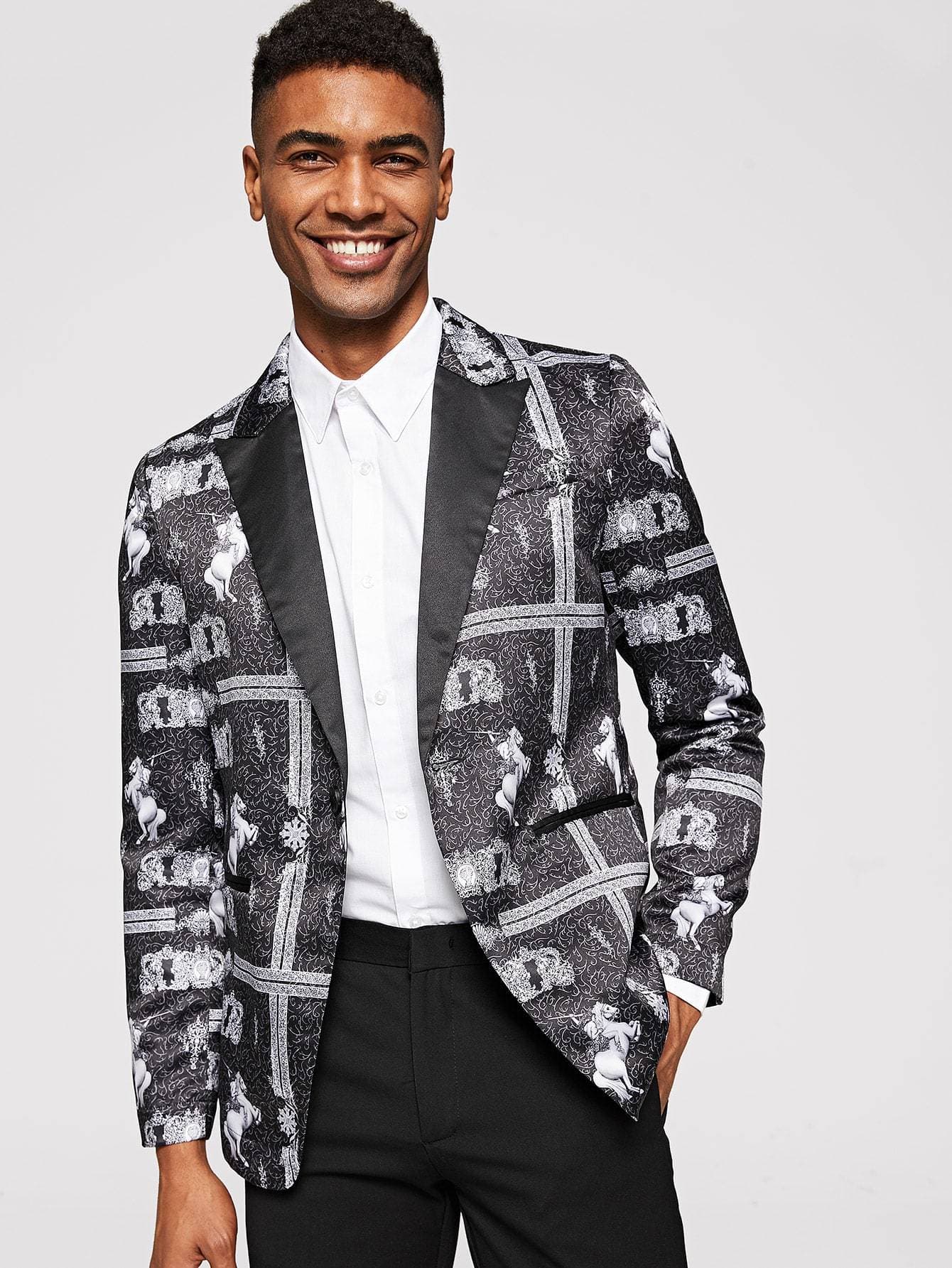 Regular Fit Black and White Notched Collar Graphic Print Blazer