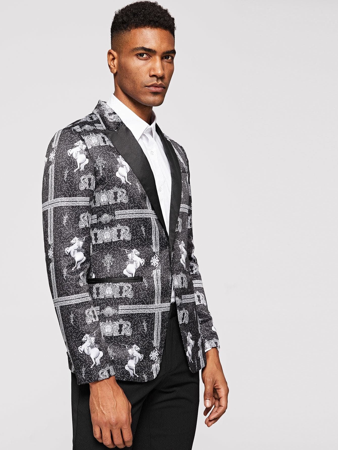 Regular Fit Black and White Notched Collar Graphic Print Blazer