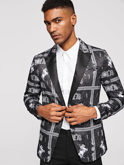 Regular Fit Black and White Notched Collar Graphic Print Blazer