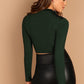Stand Collar Long Sleeve Slim Fitted Solid Crop Top - Green