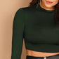 Stand Collar Long Sleeve Slim Fitted Solid Crop Top - Green