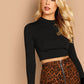 Stand Collar Long Sleeve Slim Fitted Solid Crop Top - Black