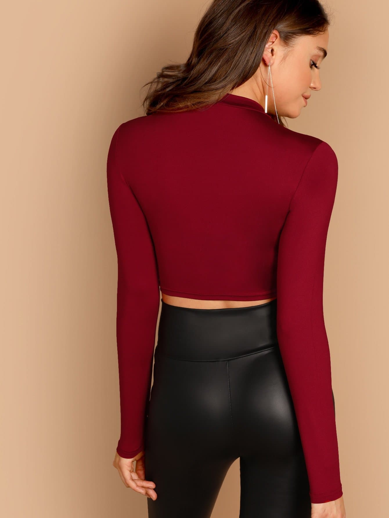 Stand Collar Long Sleeve Slim Fitted Solid Crop Top - Burgundy