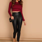 Stand Collar Long Sleeve Slim Fitted Solid Crop Top - Burgundy