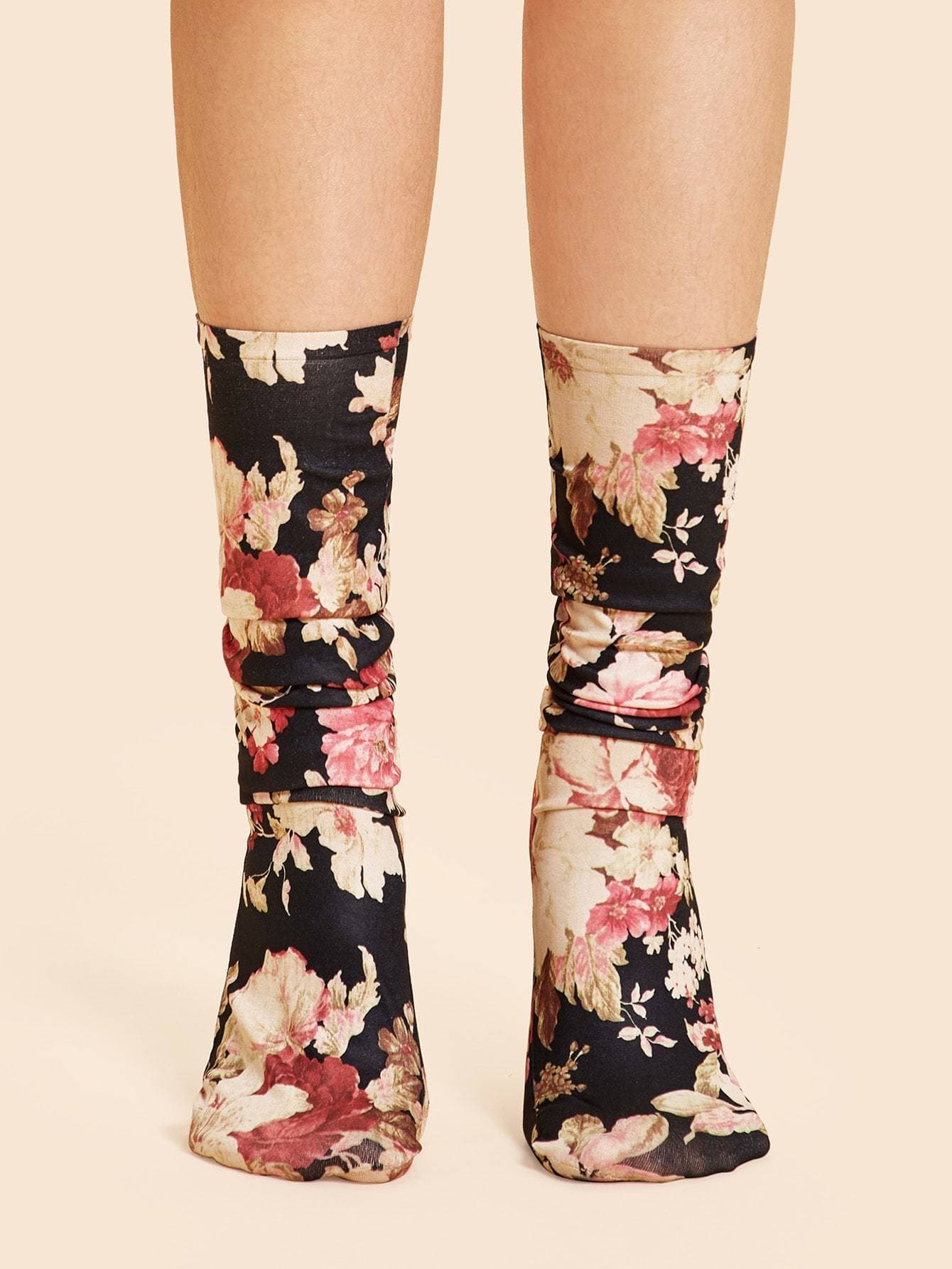 Multicolor Polyester Floral Print Socks 1pair