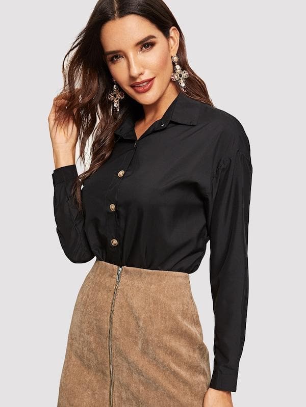 Long Sleeve Solid Button Up Curved Hem Shirt