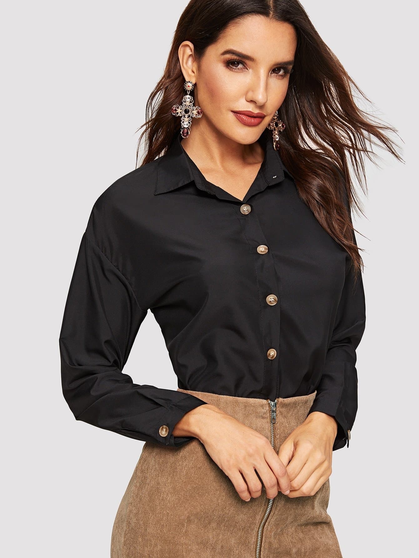 Long Sleeve Solid Button Up Curved Hem Shirt
