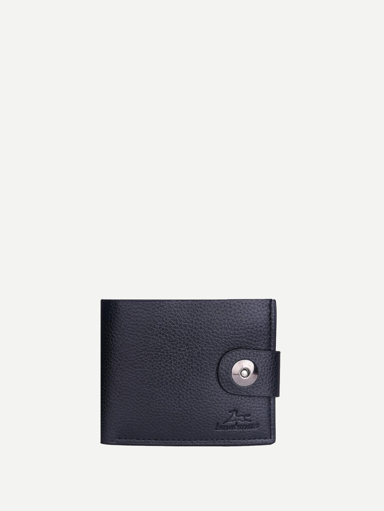 Pu Leather Black Magnetic Button Fold Over Wallet