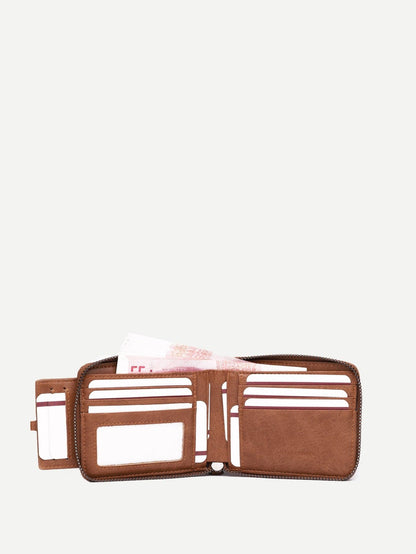 Brown PU Leather Zip Around Solid Wallet