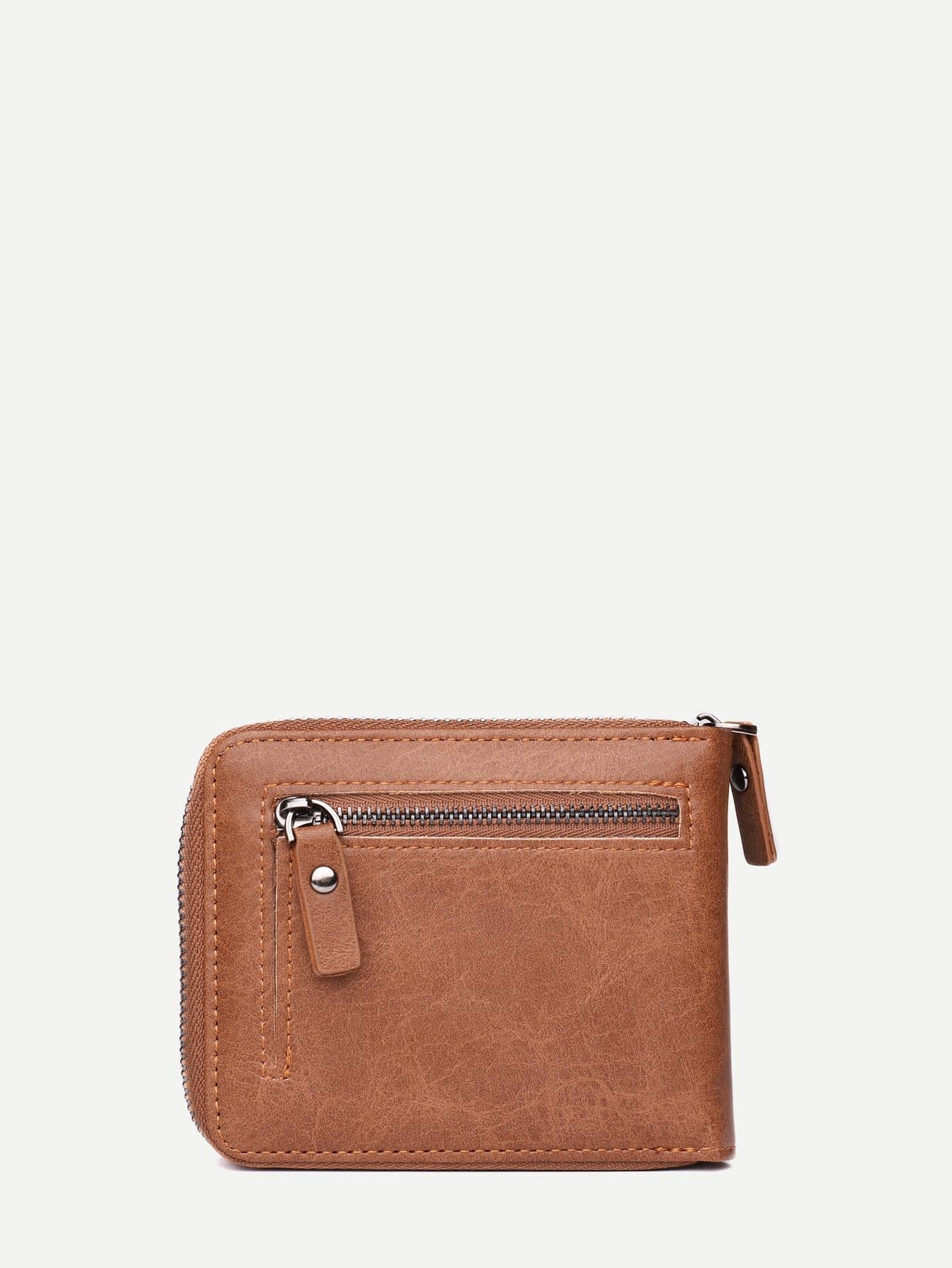 Brown PU Leather Zip Around Solid Wallet