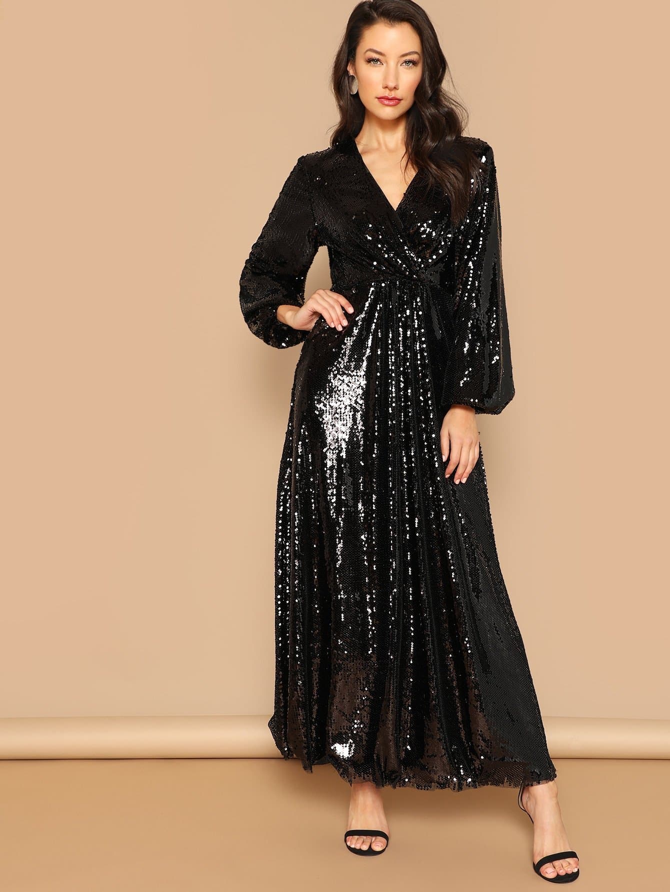 Black Wrap Front Lantern Sleeve Sequin Dress – Wear Style