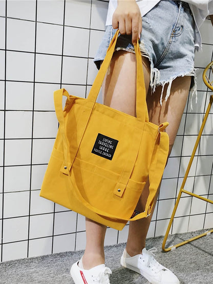 Yellow Slogan Patch Canvas Tote Bag