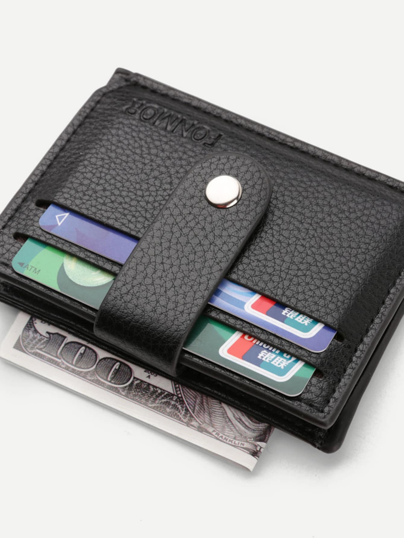 Black PU Leather Embellished Buckle Magnetic Button Wallet