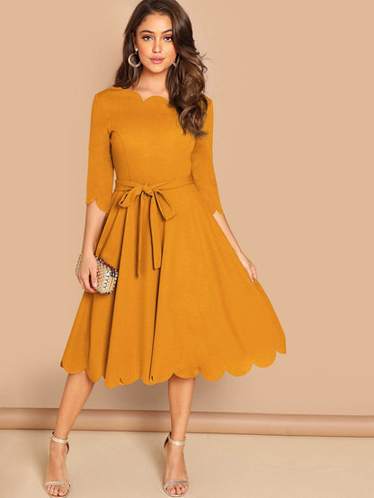 Round NeckThree Quarter Sleeve Scallop Trim  Belted Fit & Flare Dress