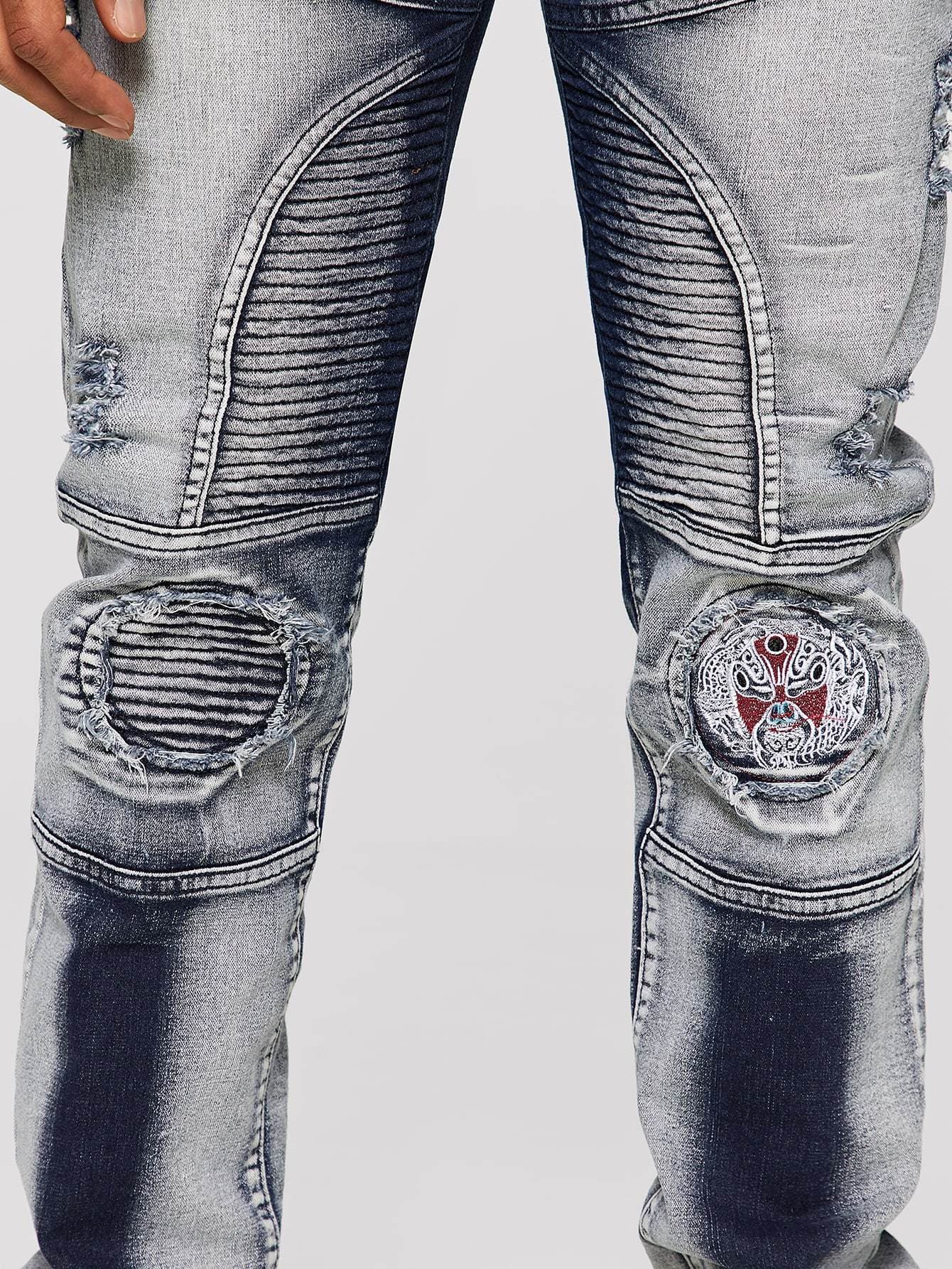 Tapered Opera Embroidery Patch Sleek Moto Jeans