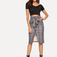 Grey Waist Belted Single Breasted Split Plaid Skirt
