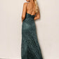 Green Polyester High Split Open Back Bodice Lace Overlay Dress
