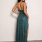 Green Polyester High Split Open Back Bodice Lace Overlay Dress