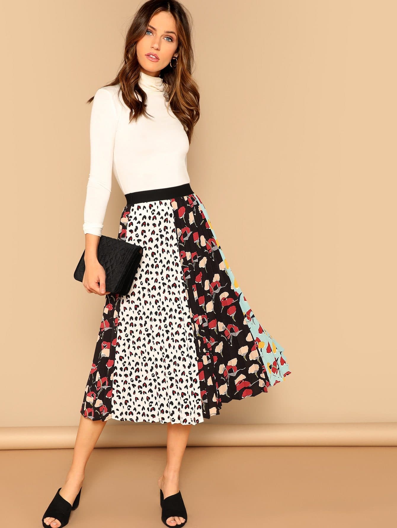 Polyester Mid Waist Leopard and Floral Print Pleated Skirt
