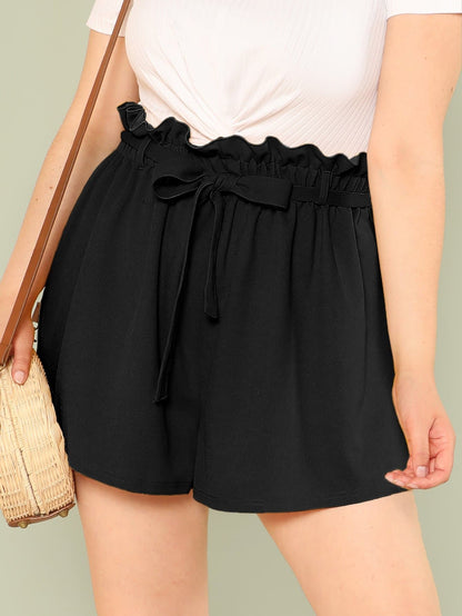 Belted Pleated Plus Solid Paperbag Waist Shorts