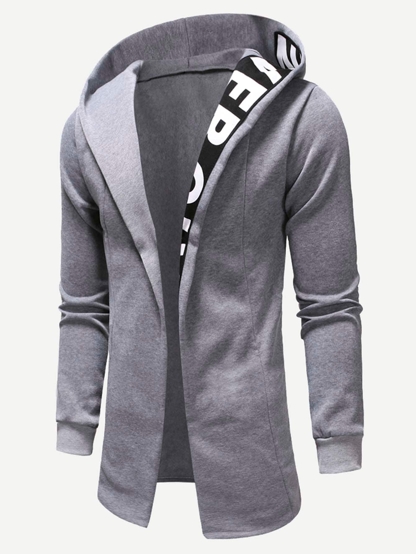 Grey Long Sleeve Letter Print Open Front Hoodie
