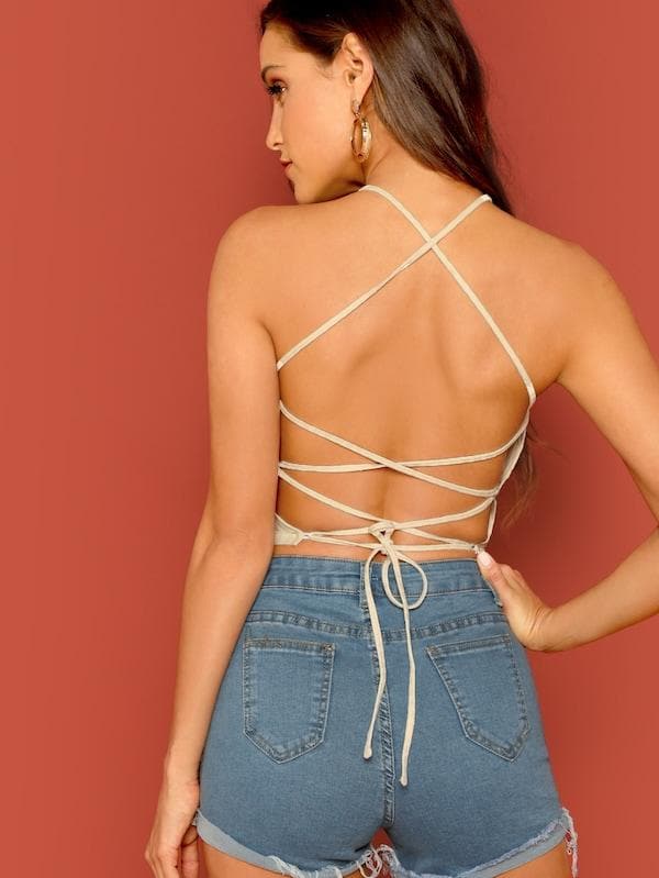 Backless Lace-up Open Back Rib-knit Halter Crop Top
