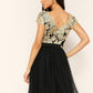 Black V Neck Cap Sleeve Floral Embroidery Mesh Overlay Dress