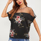 Black Round Neck Mesh Insert Shoulder Flower Print Top