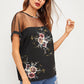 Black Round Neck Mesh Insert Shoulder Flower Print Top
