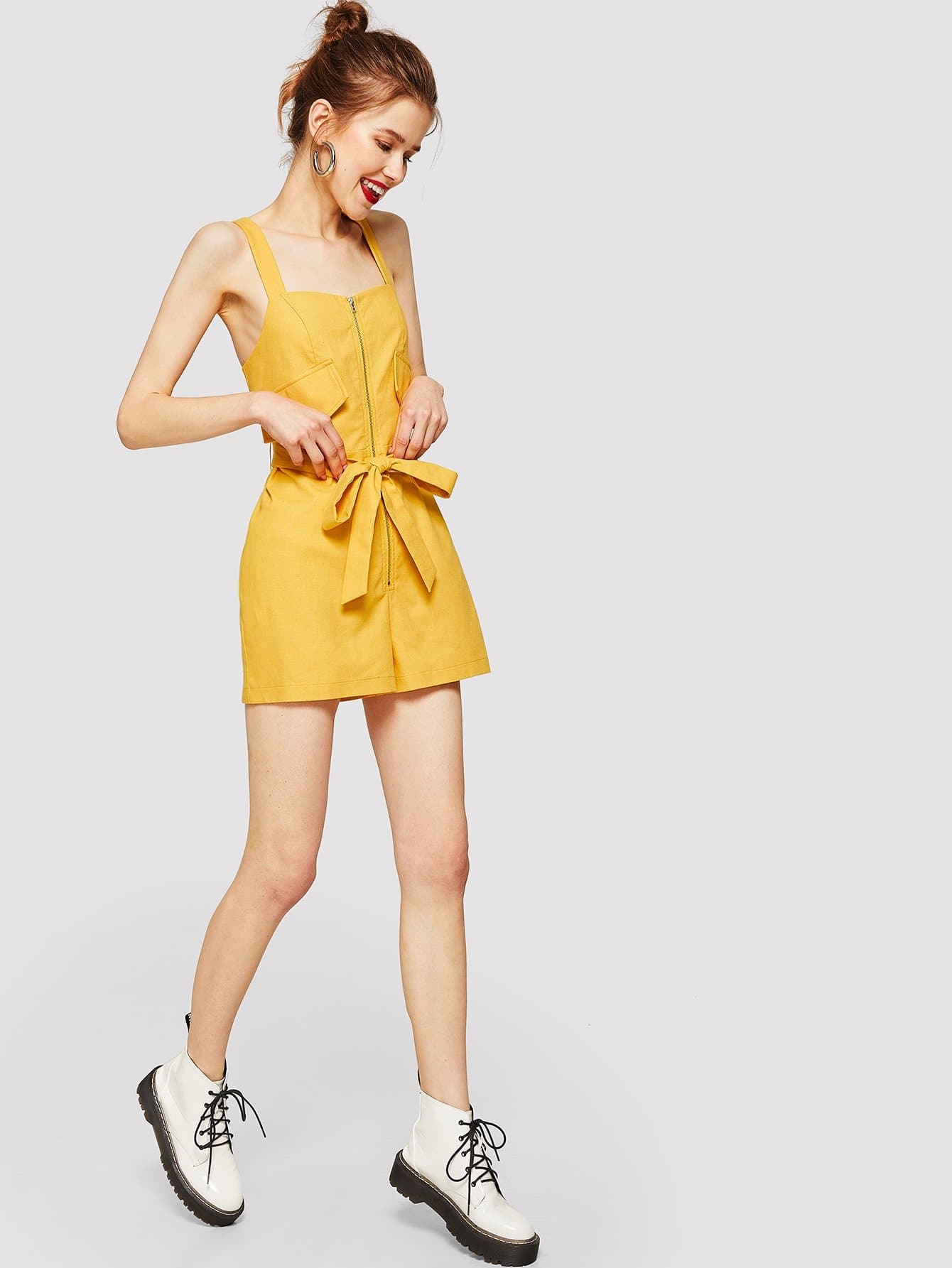 Yellow Sleeveless Solid Zip Up Belted Tank Jumpsuit