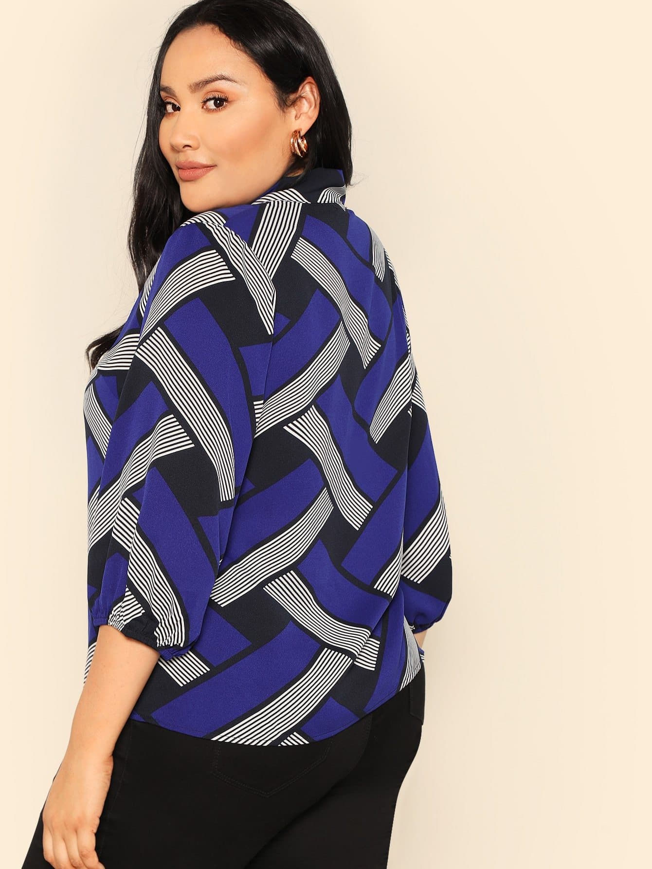 Polyester Stand Collar Plus Mixed Print Tied Neck Blouse