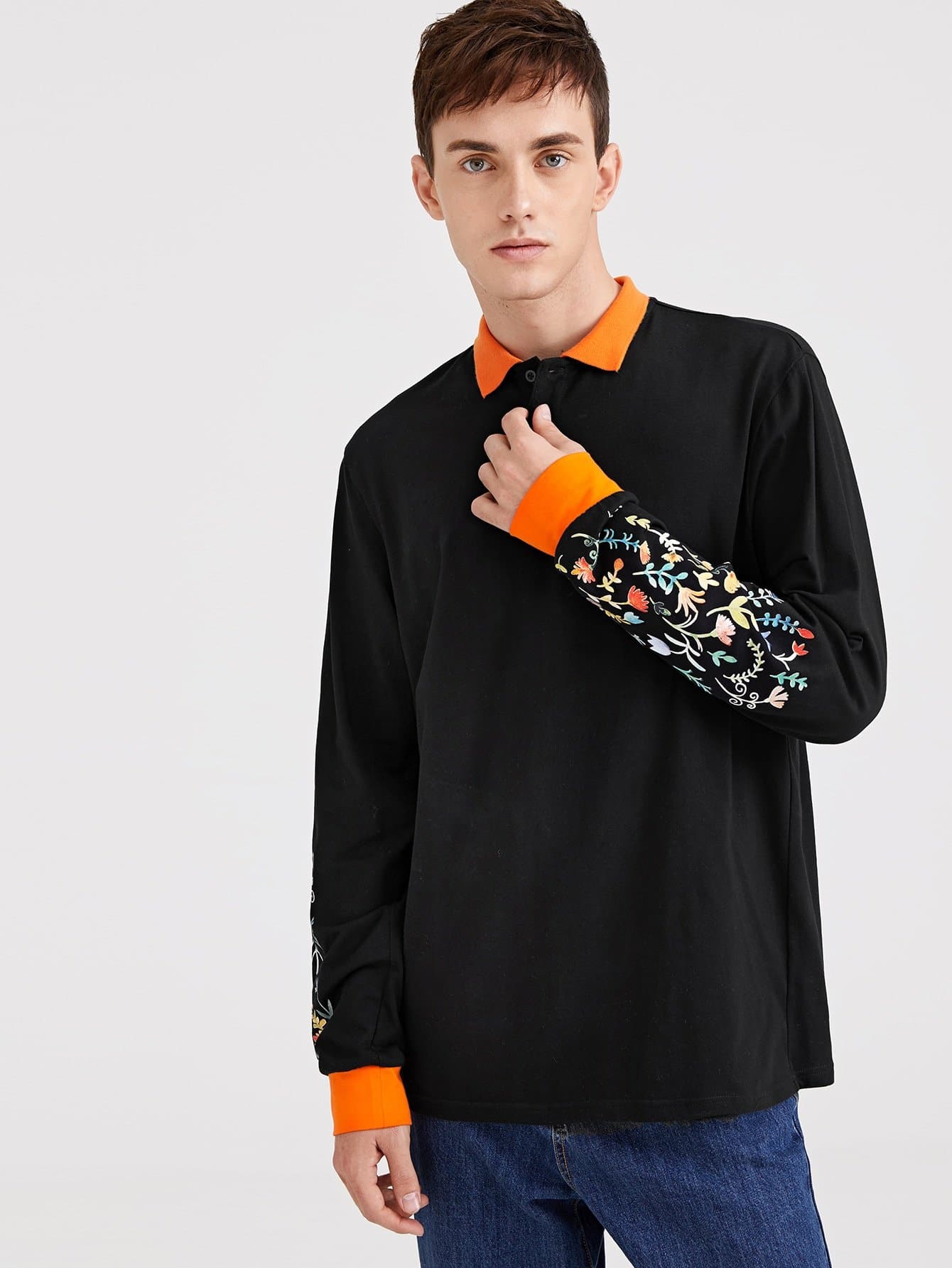 Black Flower Print Sleeve Polo Shirt