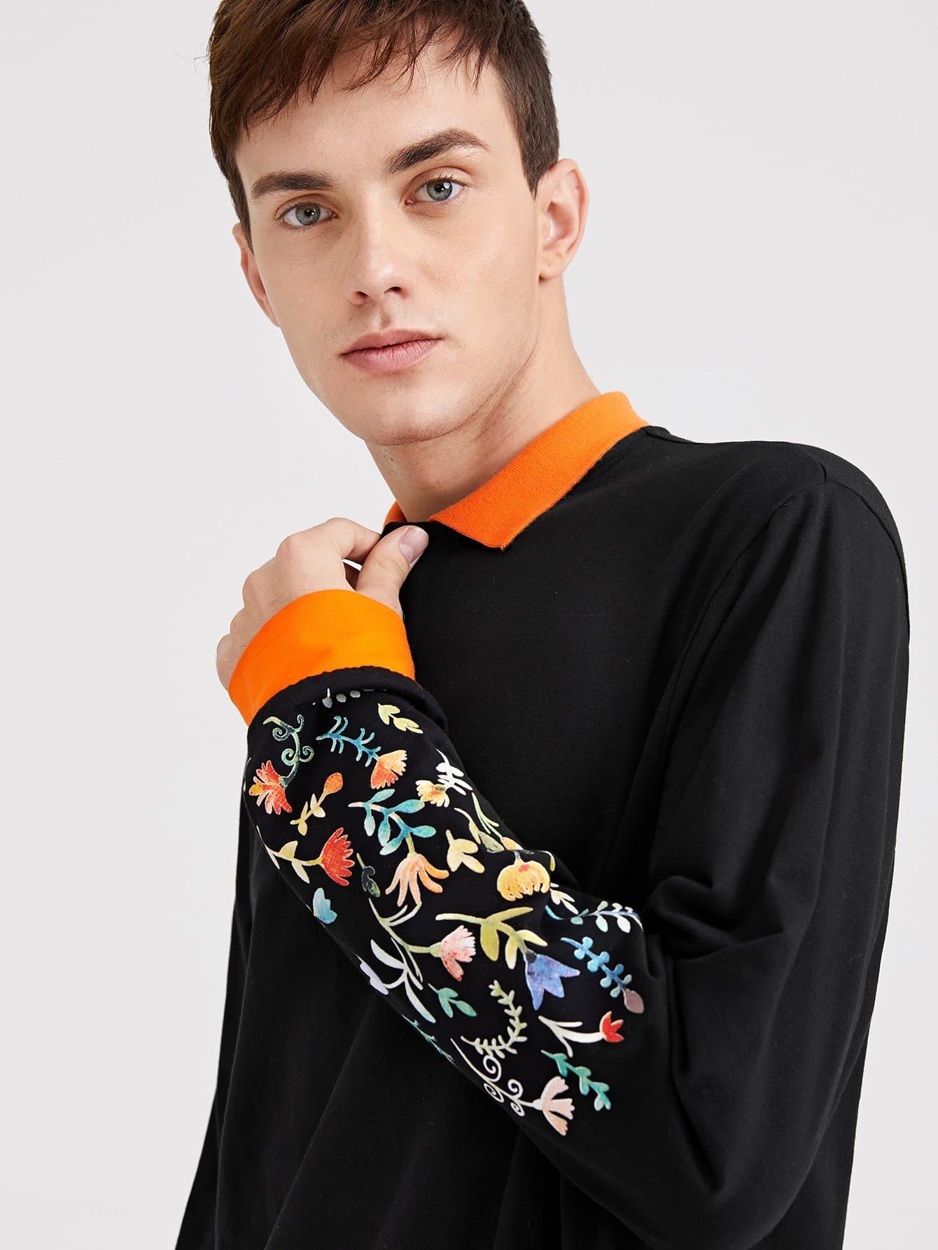 Black Flower Print Sleeve Polo Shirt