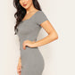 Grey Button Front Square Neck Ribbed Bodycon Dress