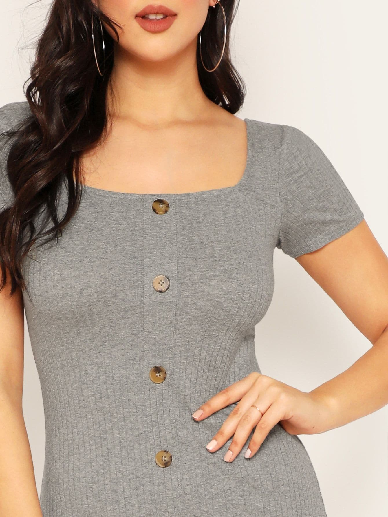 Grey Button Front Square Neck Ribbed Bodycon Dress