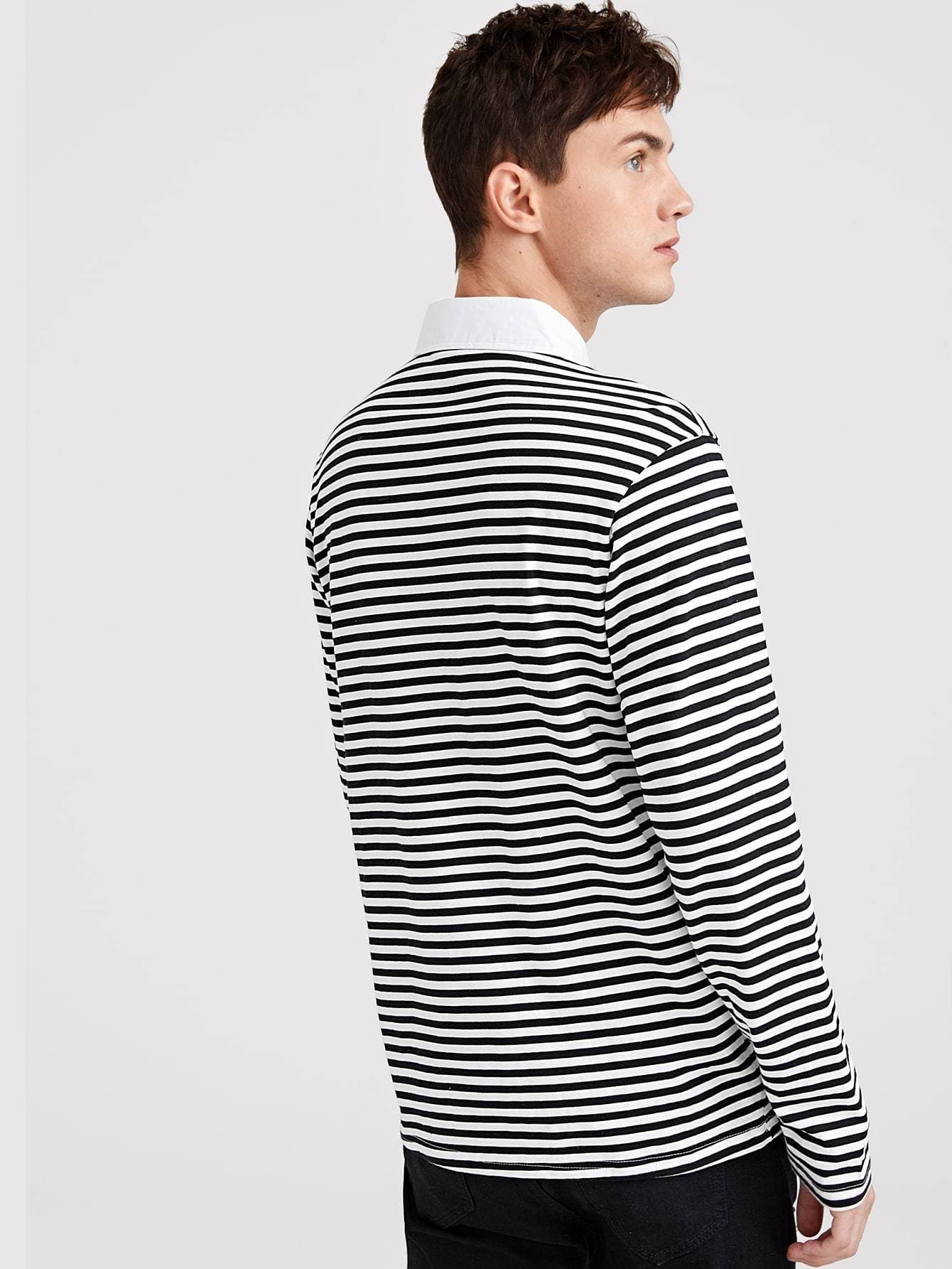 Black and White Contrast Collar Striped Polo Shirt – Wear.Style