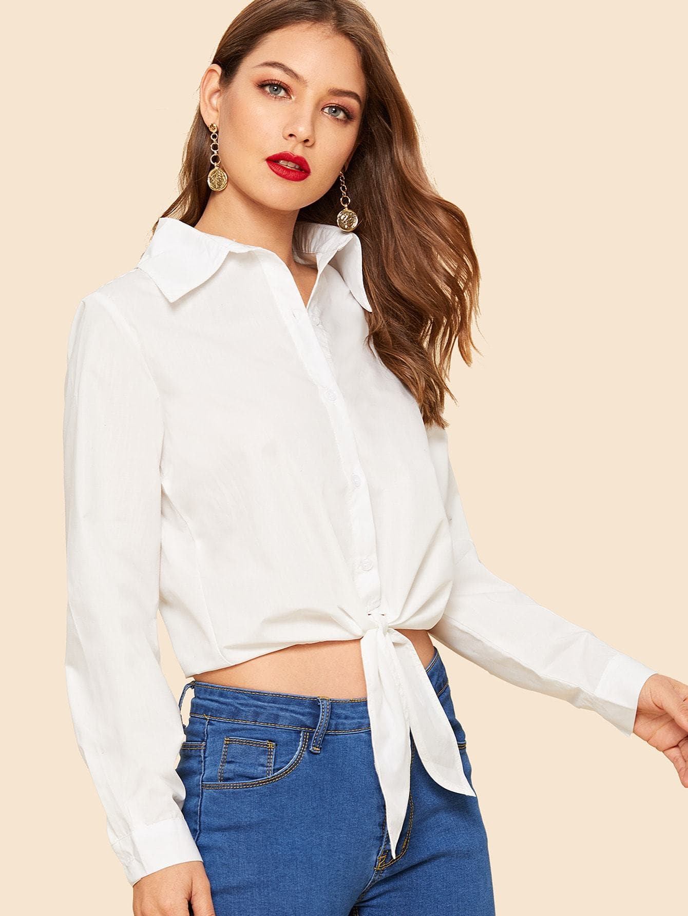 White Long Sleeve 80s Button Up Knot Hem Crop Shirt