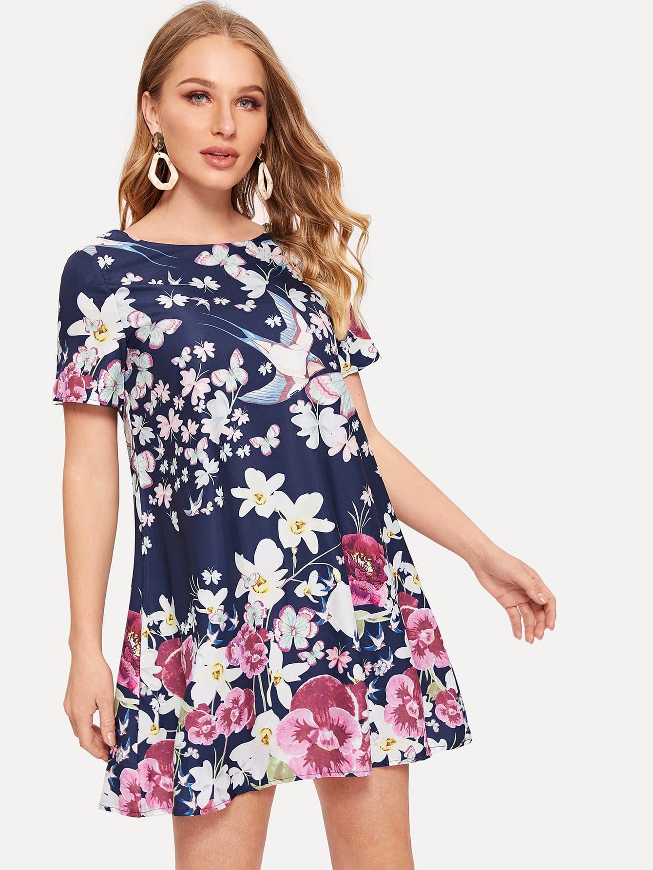 Polyester Round Neck Short Sleeve Flower Print Trapeze Dress
