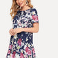 Polyester Round Neck Short Sleeve Flower Print Trapeze Dress