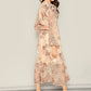 Champagne V Neck Scalloped Wrap Front Floral Sequin Dress