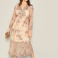 Champagne V Neck Scalloped Wrap Front Floral Sequin Dress